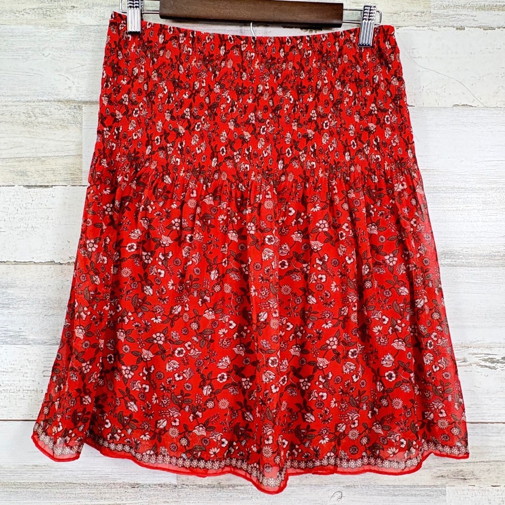 MAX STUDIO Red Floral Smocked Waist Full Knee Length Prairie‎ Skirt Size M NEW